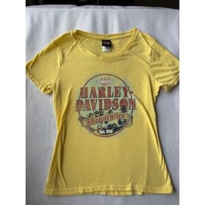 Harley Davidson Jamaica Women's XL Yellow Graphic T Shirt Double Sided Motorcycl